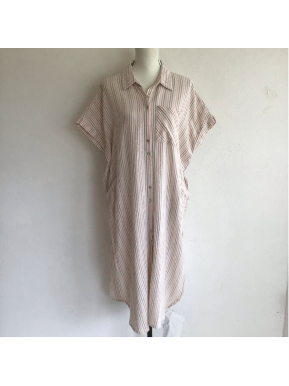 Easel Women's Fun Beach Midi Shirt Dress Size M Beige Pink Striped Button Down L